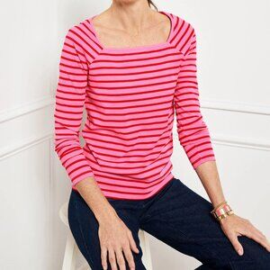 Squareneck Raglan Long Sleeve TShirt Striped Pink Red Sz L